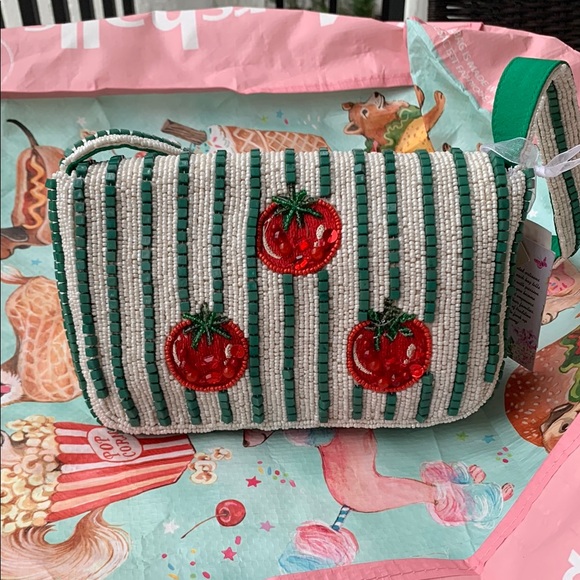 Striped Green and White Beaded Bag with Tomato Design - Picture 2 of 3